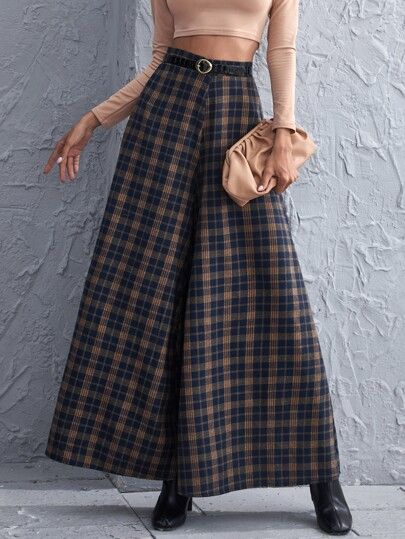 Tartan Pants, Winter Trousers, High Waisted Wide Leg Pants, Belted Pants, Velvet Pants, 가을 패션, Shein Style, Trendy Fashion Women, Plus Size Casual