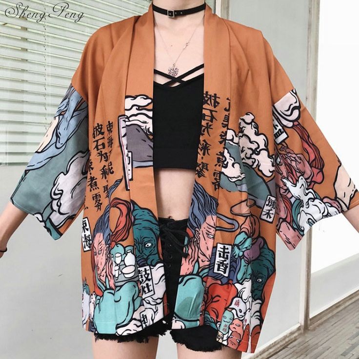 Harajuku Printed Japanese Kimono Blouse Top on Storenvy Yukata Women, Kimono Blouse, Kawaii Shirts, Beach Kimono, Japanese Streetwear, Womens Kimono, Japanese Outfits, Vintage Kimono, Kimono Cardigan