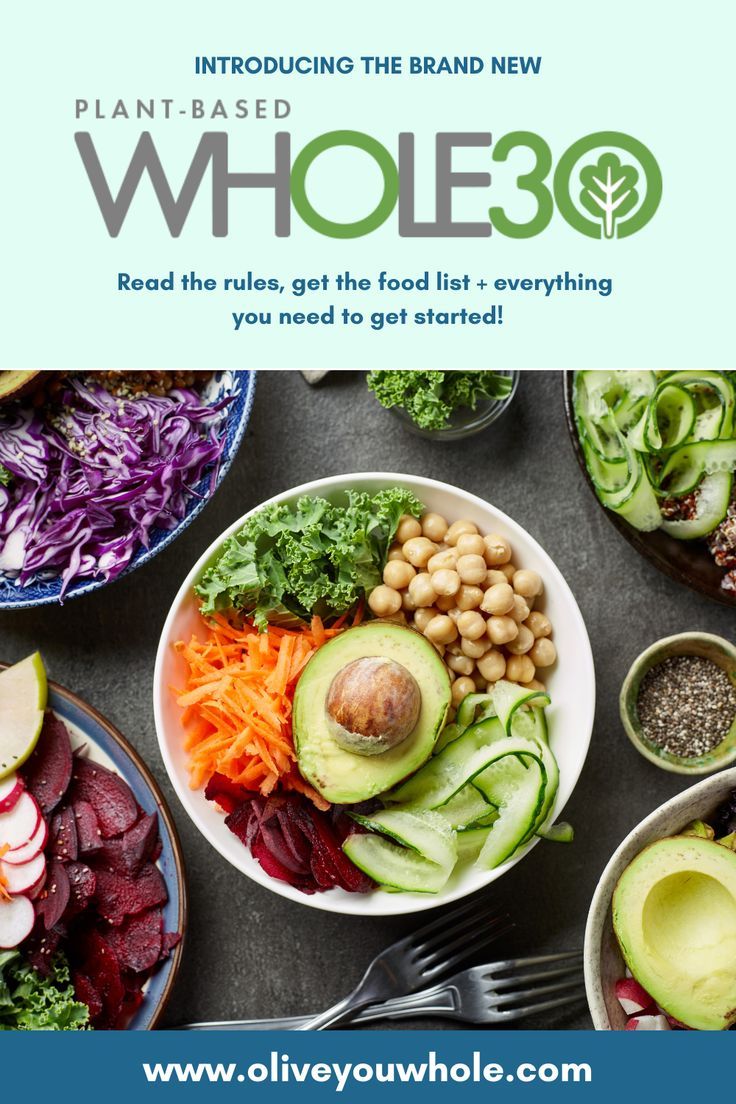 an advertisement for the plant based whole 30 meal is shown in front of a table full of salads and vegetables