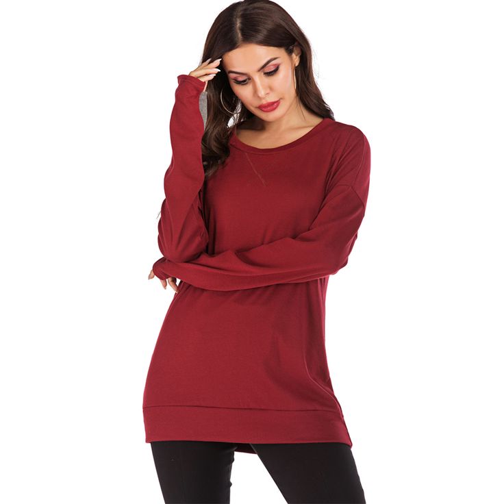 Wine Red Long Sleeve Pullover Sweatshirt Red Winter Tops With Ribbed Cuffs, Casual Red Sweater With Ribbed Cuffs, Red Winter Sweater For Loungewear, Solid Color Long Sleeve Plain Sweatshirt, Fall Long Sleeve Solid Color Sweatshirt, Red Long Sleeve Sweatshirt, Red Long Sleeve Plain Top, Long Sleeve Sweatshirt For Fall, Winter Long Sleeve Crew Neck Top In Solid Color