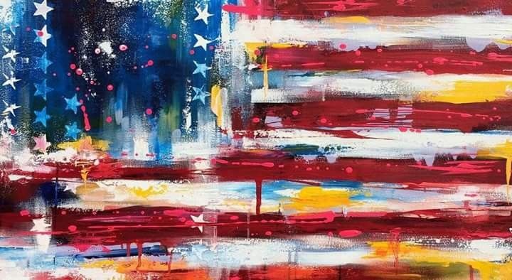 an american flag painted on canvas with red, white and blue paint splatters