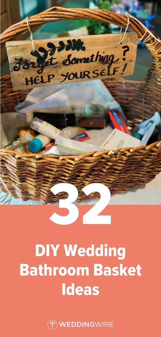 a wicker basket filled with lots of items and the words 32 diy wedding bathroom basket ideas