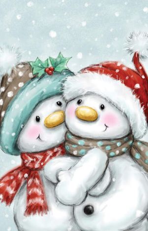 two snowmen hugging each other in the snow