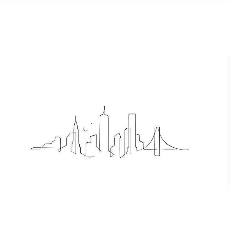 a black and white drawing of a city skyline