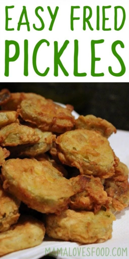 fried pickles on a white plate with green text overlay that says easy fried pickles