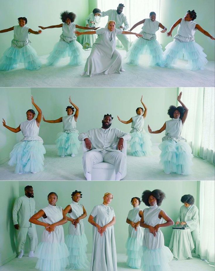 four different pictures of people in white and light blue dresses, one with her arms outstretched