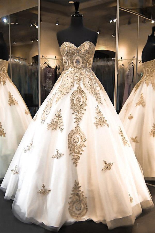 Classic Sweetheart Gold Lace Wedding Dresses Sparkly Ball Gown Bridal Dress White And Gold Wedding Dress, Gold Lace Wedding Dress, Sparkly Ball Gown, Sweetheart Bridal Gown, White And Gold Wedding, Ball Gowns Wedding Dress, Lace Applique Wedding Dress, Embroidery Wedding, Gold Wedding Dress