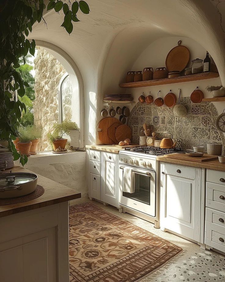 a kitchen with an arched window and lots of pots on the stove top, along with potted plants