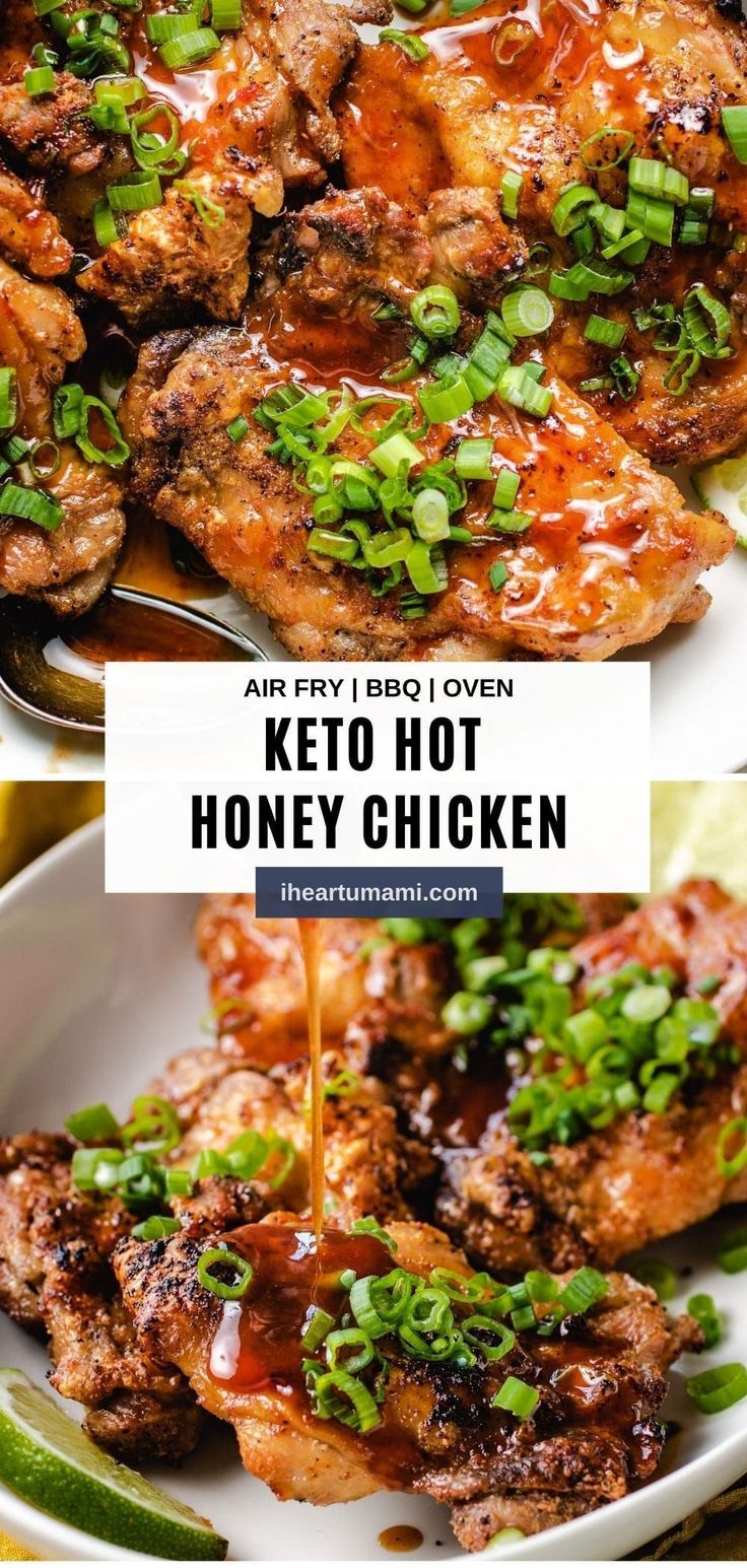 keto hot honey chicken is being drizzled with sauce and garnished with scallions