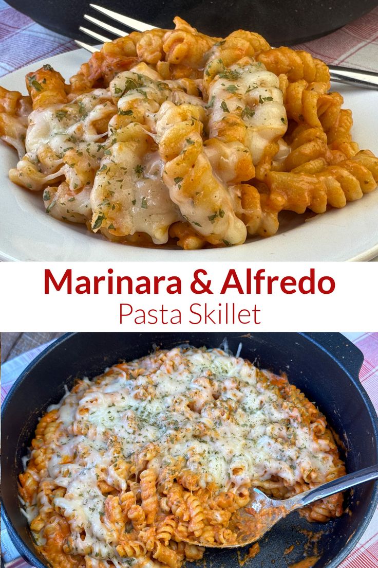 Collage of plate and skillet full of pasta with alfredo and marinara sauce. Chicken Marinara, Red Sauce Recipe, Pasta Marinara, Pasta With Alfredo Sauce, Crockpot Pasta, Marinara Recipe, Simple Family Meals, Marinara Sauce Recipe, Pasta Recipes Alfredo