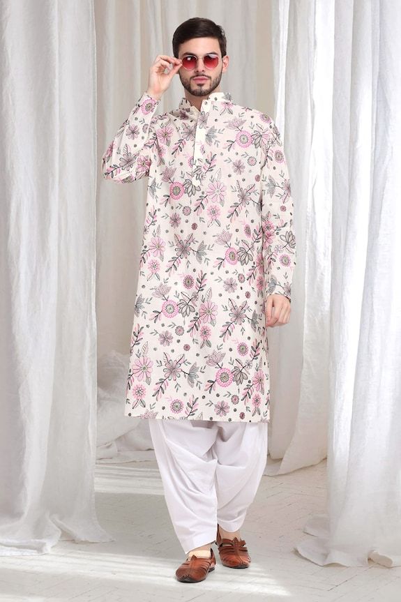 Cream kurta with thread embroidered multicolour floral blossom patterns. Comes with patiyala. - Aza Fashions Festive Floral Print Embroidered Fabric For Wedding, Festive Cambric Fabric With Dabka Embroidery, Traditional Drape Kurta With Zari Work On Cambric, Traditional Drape Cambric Kurta With Zari Work, Traditional Straight Kurta In Cambric, Embroidered Cambric Kurta With Traditional Drape, Bollywood Sherwani With Multicolor Resham Embroidery, Traditional Churidar With Floral Embroidery For Eid, Traditional Sherwani With Floral Embroidery For Festivals