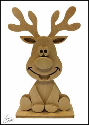 a wooden sculpture of a reindeer sitting down