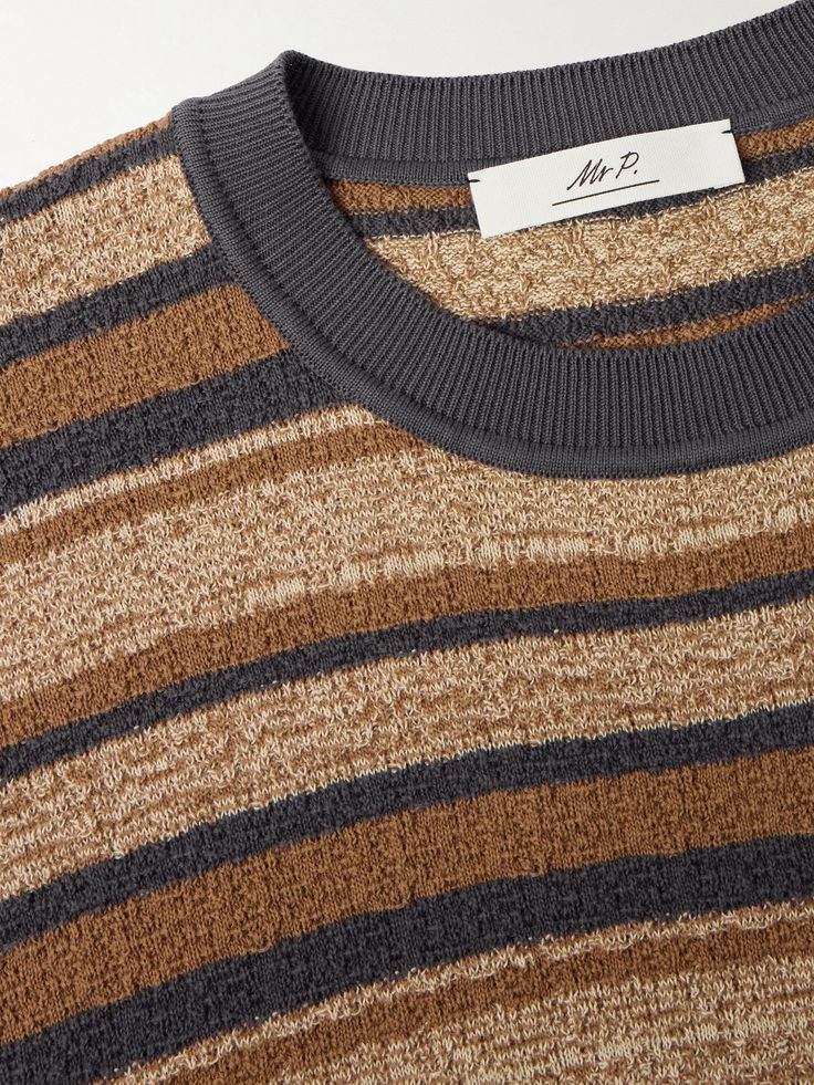 DESIGNED BY MR PORTER. Mr P.'s T-shirt is knitted with alternating, textured stripes, so it'll add interest to casual outfits. It's been made in Italy from breathable cotton and has a ringer-style collar to match the dark-grey ribbed trims. Lower Impact Materials. This product is made using at least 50% lower-impact materials or ingredients. Find out more about our Consciously Crafted criteria here. Striped Mens Shirt, Striped Tshirt Men, Mr P, Stripe T Shirt, Stripes Texture, Textured Sweater, Cycling Accessories, Gentleman Style, Suede Jacket