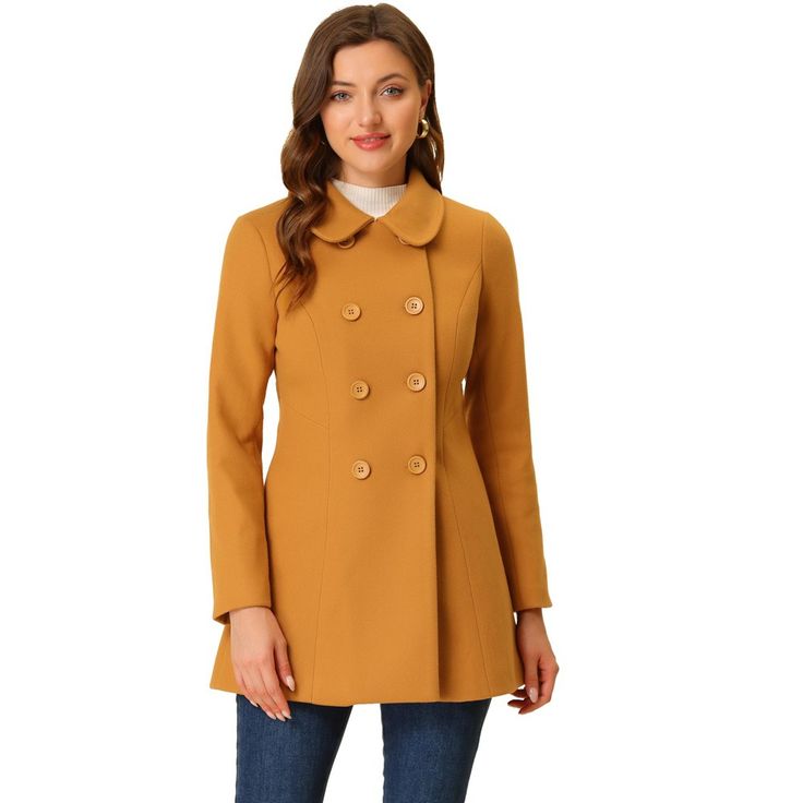 Timeless, sophisticated, and versatile, the regular-fit peacoat is an essential piece for your wardrobe. Cut in a short tailored silhouette with a doll collar, slanted pockets, and double-breasted front black buttons. Wear over chunky knitted jumpers and cute boots for a playful take on cold-weather textures. The fabric of this trench coat is soft, breathable, and comfortable to wear in winter, good quality, and chic. This fashionable and trendy clothes for women can not only be worn daily, but Collared Pea Coat With Buttons For Office, Fitted Collared Double-breasted Outerwear, Fitted Double-breasted Collared Outerwear, Fitted Pea Coat For Office, Fitted Pea Coat With Hidden Button Closure, Fitted Pea Coat For Work, Fitted Pea Coat With Stand Collar, Single Breasted Pea Coat With Stand Collar For Work, Fitted Pea Coat With Stand Collar For Work