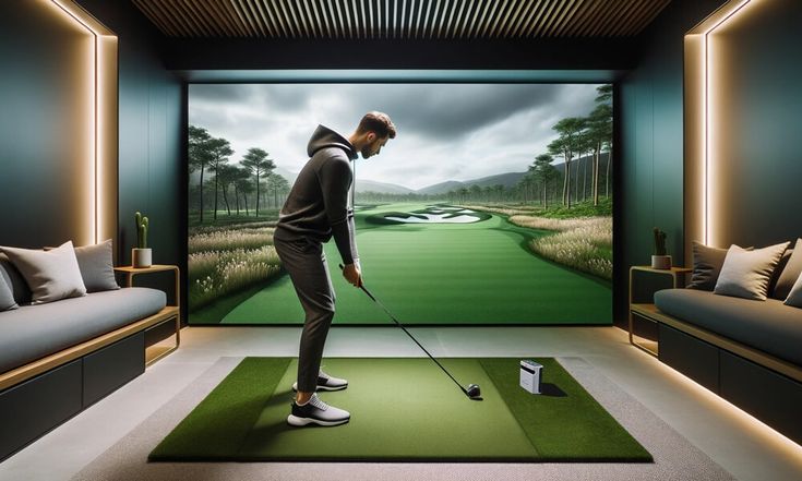 a man is playing golf on the green in front of a large screen with an image of a golf course