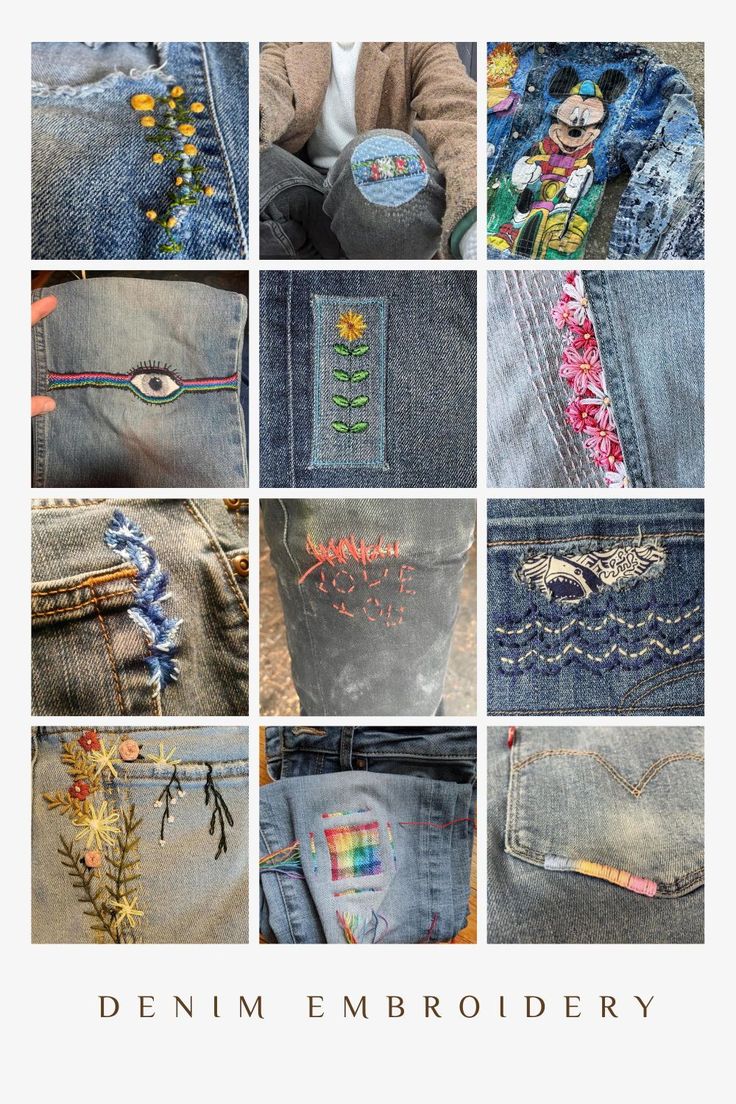 the cover of denim embroiderry, featuring images of different types of jeans