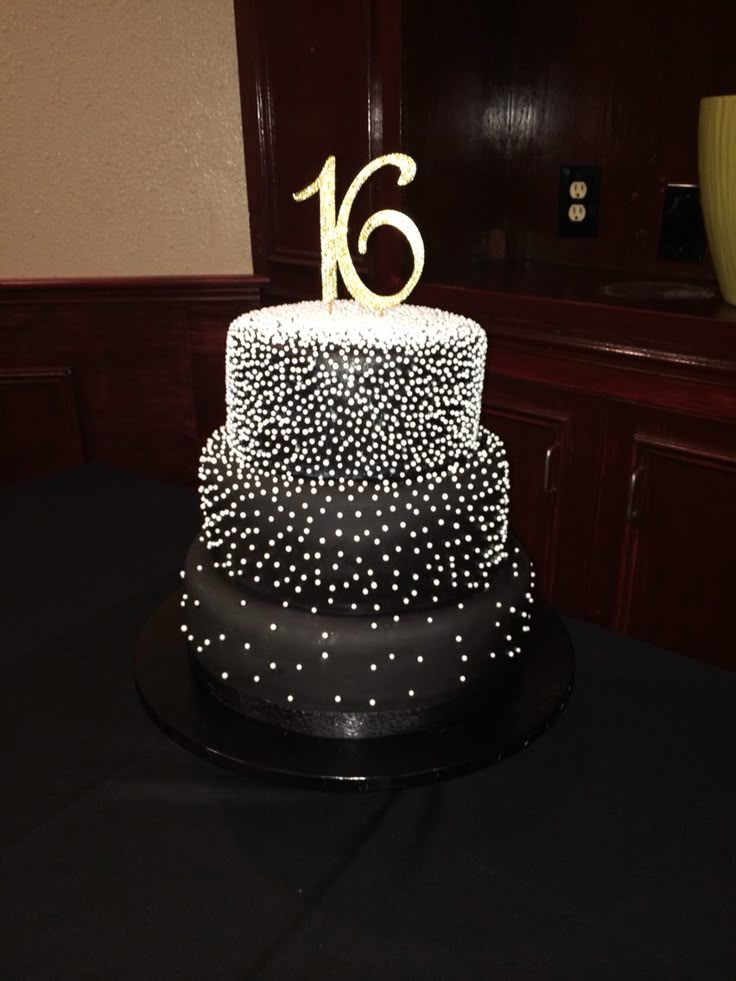 a black and white cake sitting on top of a table