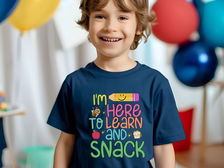 The "I'm Here to Learn and Snack" Tshirt is perfect for kids heading back to school! This fun and cool shirt is ideal for kindergarteners, making the first day of school extra special. 👉 Unisex T-shirt - 100% Airlume combed and ringspun cotton  - Soft cotton and quality print make users fall in love with it over and over again.  - These t-shirts have-ribbed knit collars to bolster shaping. - Printed and shipped from the USA CARE INSTRUCTIONS - Wash inside out with like colors. - Tumble dry or hang to dry. - Try not to iron directly over the design. Iron if necessary!  HOW TO ORDER  1) Please, check and review all photos  2) Choose your sweatshirt or t-shirt style, color, and size 3) Click add to cart. You can go back and follow the same steps to add more items to your cart 4) Click "Proce Playful Short Sleeve Shirt For School, Blue Short Sleeve Shirt For Back To School, Blue T-shirt For Back To School, Blue Letter Print Shirt For School Events, Blue Tops For Back To School Events, Blue Tops For Back To School, Fun Shirt For Back To School Events, Cute Blue T-shirt For End Of School Year, Funny T-shirt For School