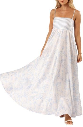 Nautical-inspired stripes and a whimsical floral print keep your look playful in this A-line maxi dress that you can't help twirling in. Hidden side-zip closure Square neck Adjustable straps Lined 100% polyester Hand wash, line dry Imported Coastal Grandma Dress, Light Blue Maxi Dress, Long Dresses Casual, Pink Floral Sundress, Grandma Dress, Blue And White Floral Dress, Long Summer Dress, Inheritance Games, Cute Maxi Dress