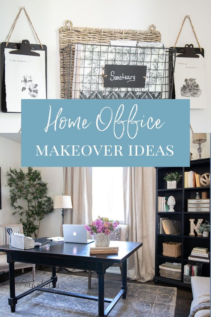 a home office makeover with the title overlaying it's blue and white color scheme