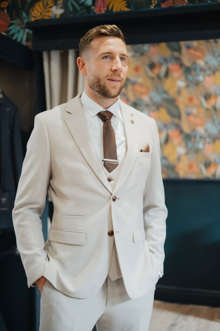 Former Newcastle United Defender Paul Dummett in HM5 Stone Three Piece Suit Custom Fit Three-piece Suit With Notch Lapel For Semi-formal, Custom Fit Single Breasted Three-piece Suit, Classic Fitted Suit For Groom, Semi-formal Three-piece Suit With Notch Lapel, Classic Tailored Suits For Groom, Dapper Fitted Suit For Business Casual, Classic Three-piece Suit For Groom With Pressed Crease, Dapper Fitted Business Casual Suits, Beige Tuxedo Set For Business