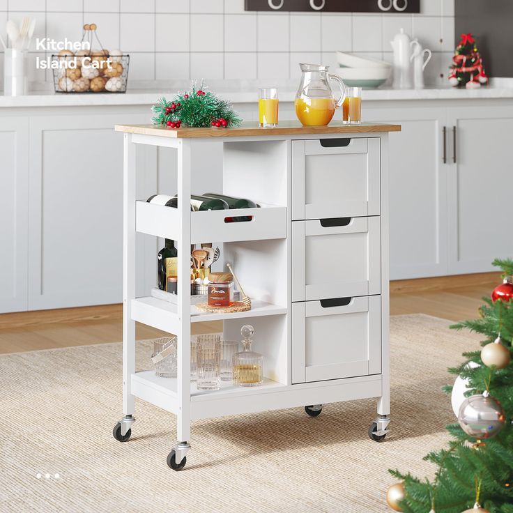 a kitchen island cart with drawers on wheels in front of a christmas tree and holiday decorations