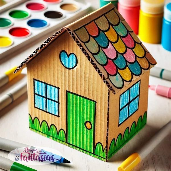 a small cardboard house sitting on top of a table next to markers and crayons