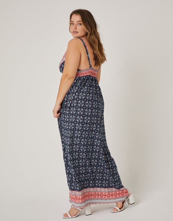 A 00s boho throwback, the Curve Abstract Printed Maxi Dress is quickly becoming a classic. This dress features adjustable double spaghetti straps, a deep v-shaped neckline, a smocked upper back, and a flowy silhouette. The material is a non-stretchy woven. This dress is made from 100% rayon. Hand wash cold. Imported. Model is wearing a size 1XL. 1XL 2XL 3XL Bust (in) 40 42 44 Waist (in) 30-34 31-36 32-38 Hips (in) 62 63 64 Length (in) 56-58 57-59 58-60 Spaghetti straps are adjustable, so length Bohemian Rayon V-neck Sundress, Bohemian V-neck Dress With Adjustable Straps, Bohemian Rayon Maxi Dress With Smocked Bodice, Bohemian V-neck Maxi Dress With Smocked Back, Bohemian Maxi Dress With Empire Waist For Vacation, Bohemian Empire Waist Maxi Dress For Vacation, Bohemian Flowy Sundress With Adjustable Straps, Bohemian Flowy Maxi Dress With Adjustable Straps, Bohemian Empire Waist Maxi Dress For Beach