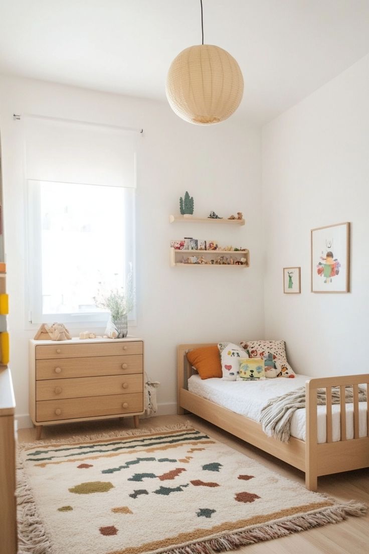 a child's room with a bed and dresser