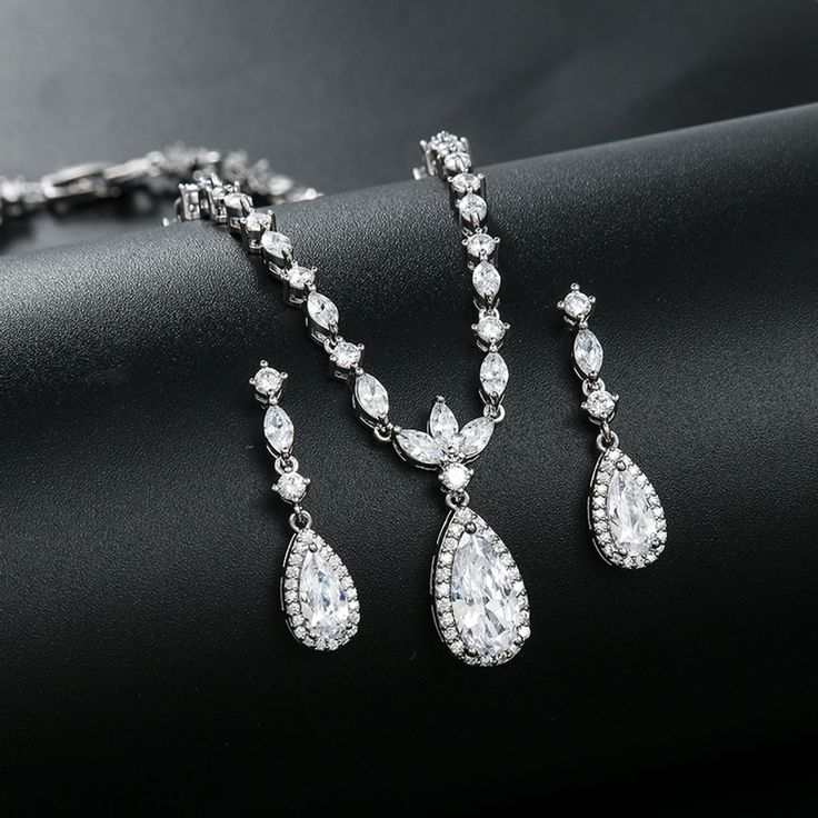 CZ Teardrop Wedding Jewelry Set - Silver, Gold or Rose Gold Teardrop Cubic Zirconia Hand Set Jewelry Sets, Hand-set Teardrop Cubic Zirconia Jewelry Sets, Hand Set Teardrop Cubic Zirconia Jewelry Sets, Formal Teardrop Pendant Jewelry Sets With Cubic Zirconia, Formal Cubic Zirconia Jewelry Set With Teardrop Pendant, Wedding Jewelry Sets With Cubic Zirconia In Drop Shape, Mother Of The Bride Accessories, Wedding Jewelry Set, Zirconia Necklace