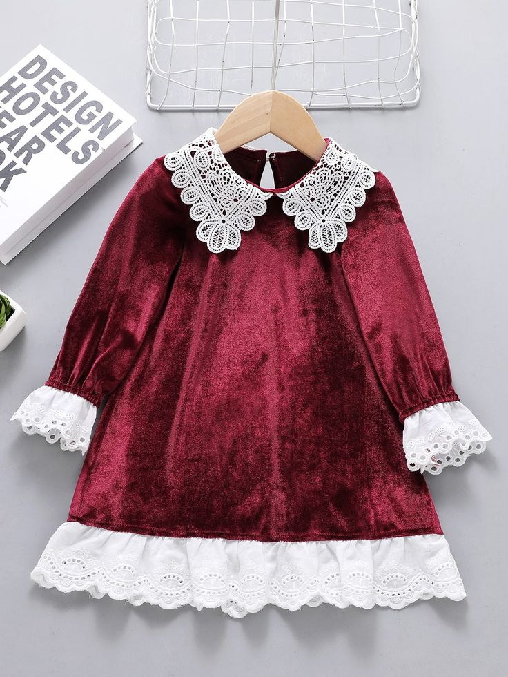 Toddler Girls Guipure Lace Peter-pan Collar Flounce Sleeve Ruffle Hem Velvet Dress | SHEIN USA Frock Pattern, Baby Frock Pattern, Kids Garments, Frock Patterns, Baby Frock, Elegant Blouse Designs, Kids Fashion Dress, Diy Sewing Clothes, Guipure Lace