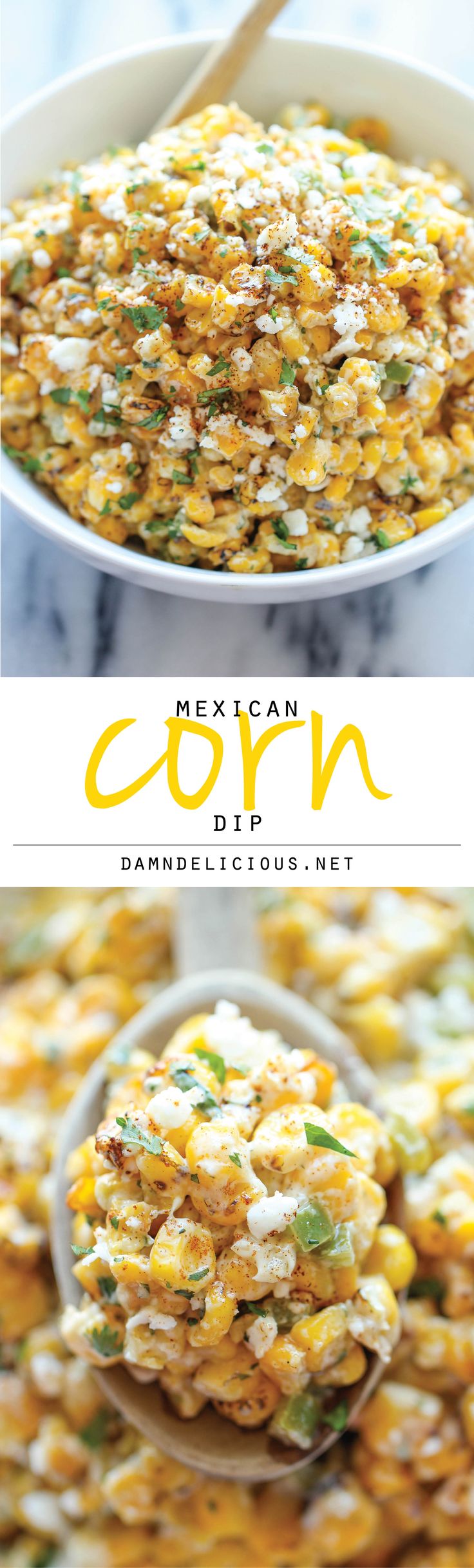 mexican corn dip recipe in a white bowl with a wooden spoon next to it and the title overlay that reads corn dip