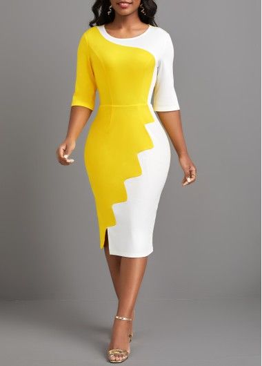 Size:S;Size:M;Size:L;Size:XL;Size:XXL;Color:Yellow;Package Contents:1 X Dress;Occasion:Sport; Yellow Easter Dress, Fashion Dresses Online, Moda Paris, Bodycon Dress With Sleeves, Work Skirts, Neck Bodycon Dress, Career Dress, Patchwork Dress, Bodycon Midi