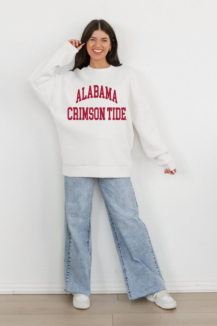 Stand out from the crowd in our Alabama Crimson Tide premium fleece long sleeve sweatshirt. Boasting an oversized fit, crewneck and ribbed knit neckline, wrists, and waistband, it effortlessly blends comfort with fashion. Show your support for your favorite school or team in this irresistibly soft sweatshirt. Collegiate White Sweatshirt For Loungewear, White Oversized Varsity Sweatshirt, Oversized White Varsity Sweatshirt, Game Day White Relaxed Fit Sweatshirt, White Collegiate Sweatshirt With Relaxed Fit, White Relaxed Fit Sweatshirt For Game Day, White French Terry Sweatshirt For Fall, White French Terry Sweats For Fall, Fall White French Terry Sweats