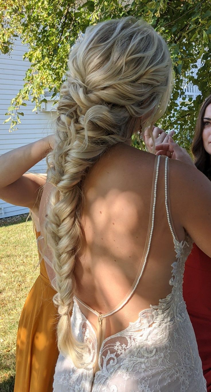 One Braid Wedding Hair, Long Braided Hairstyles Wedding, Braid For Homecoming, Braid Hoco Hairstyle, Grad Hairstyles Braid, Long Side Braid Wedding, Long Braided Wedding Hairstyles, Long Braid For Wedding, Long Braid Prom Hair