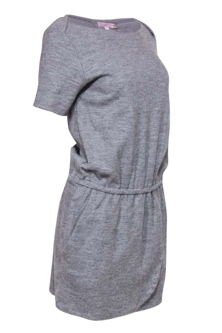 a women's grey dress with short sleeves and an open back, on a white background