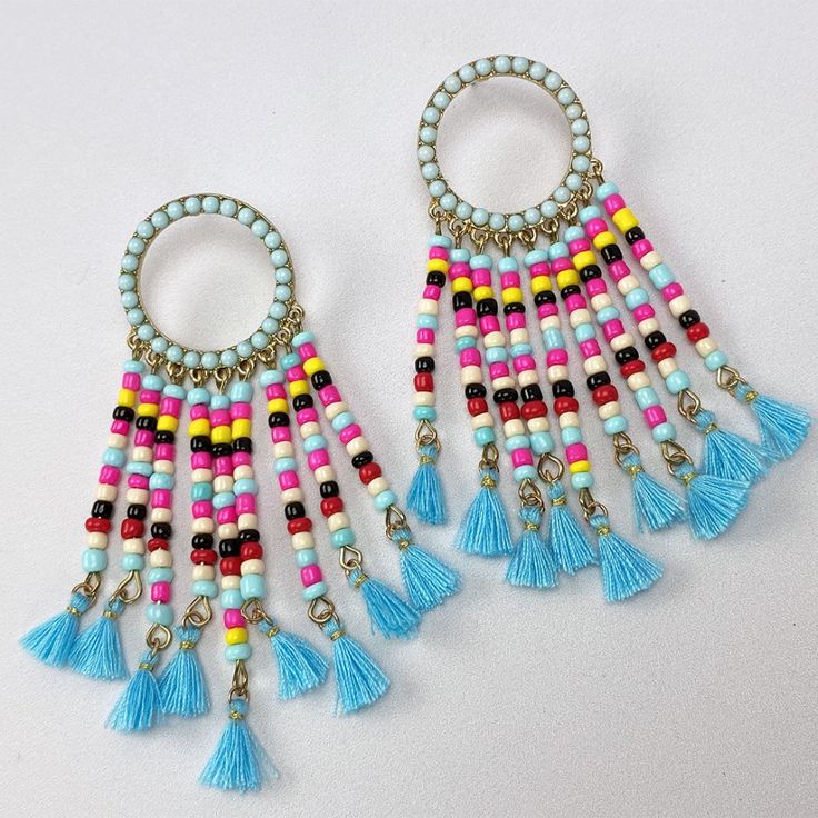 Baublebar Gold-Tone 'Yasmine' Tassel & Bead Drop Earrings New, Never Worn Without Tags! These Earrings Were Modified With The Tiny Blue Tassels Replacing The Original Yellow Tassels Eye-Catching Drop Earrings With Colorful Beads & Tassels Approximate Drop 3-1/4" Adjustable Blue Tassel Earrings With Colorful Beads, Turquoise Tassel Earrings With Colorful Beads For Beach, Blue Bohemian Tassel Earrings With Round Beads, Blue Tassel Earrings For Festivals, Blue Beaded Fringe Tassel Earrings For Summer, Blue Fringe Beaded Earrings For Beach, Blue Tassel Earrings With Colorful Beads For Summer, Blue Beaded Fringe Earrings For Summer, Summer Blue Beaded Earrings With Fringe