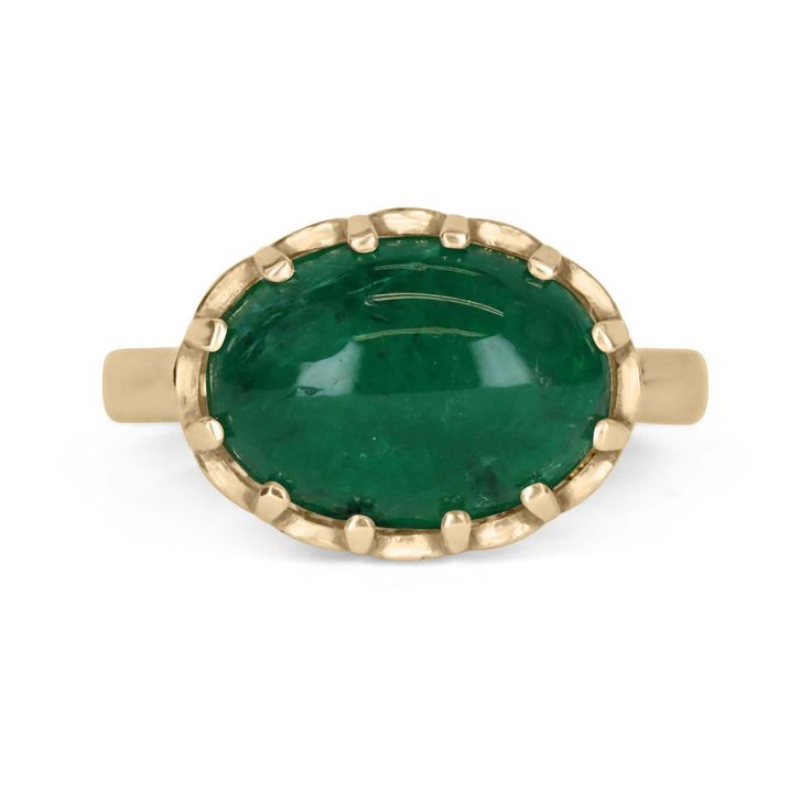 A bezel-set emerald cabochon 14K gold ring. Featured here is this lovely 5.47-carat natural, earth-mined emerald cabochon. This stone displays a gorgeous, dark green color, and very good luster. This natural beauty is set in a 14K yellow gold bezel setting. Setting Style: Bezel / Solitaire set Setting Material: 14K Yellow Gold Gold Weight: 4.8 Grams Main Stone: Emerald Cabochon Shape: Oval Cut Weight: 5.47-Carats Clarity: Translucent Color: Dark Green Luster: Very Good Origin: Zambia Treatments: Luxury Emerald Ring With Oval Cabochon, Green Cabochon Emerald Ring Fine Jewelry, Fine Jewelry Green Emerald Cabochon Ring, Fine Jewelry Green Cabochon Emerald Ring, Luxury Yellow Gold Emerald Ring With Oval Cabochon, Classic Cabochon Emerald Ring, Timeless Signet Ring With Oval Cabochon Gemstone, Formal Oval Cabochon Emerald Ring, Formal Emerald Cabochon Ring