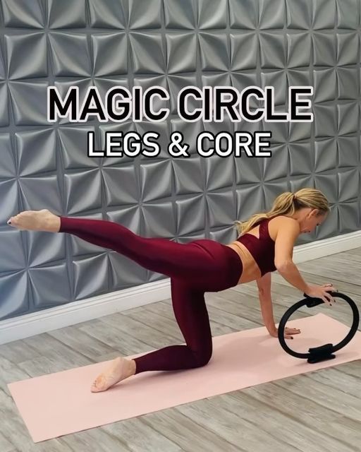 a woman is doing yoga on a mat with the words magic circle legs and core