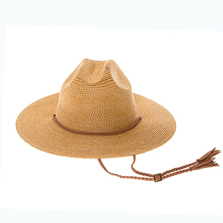 Tightly braided cattleman hat for men and women. Full length center creased crown, with deep side dents. Buckaroo style flat brim slightly downturned on front and back, 3.25" wide. Braided faux suede chin cord with tassel tips. Ribbon inner band with drawstring to adjust fit. UPF 50+ sun protection. Packable, fold up brim and secure in place with chin cord. One size, best fit 57-58 cm, 22.44-22.83 inches. 100% paper raffia straw Cattleman Hat, Buckaroo Style, Bolero Hat, Lifeguard Hat, Style Bucket Hat, Outback Hat, Mens Hats Fashion, Safari Hat, Sun Visor Hat