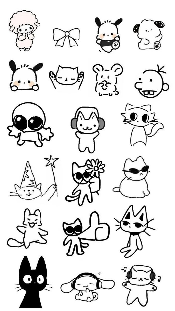 an image of various cartoon characters drawn in black and white on a sheet of paper