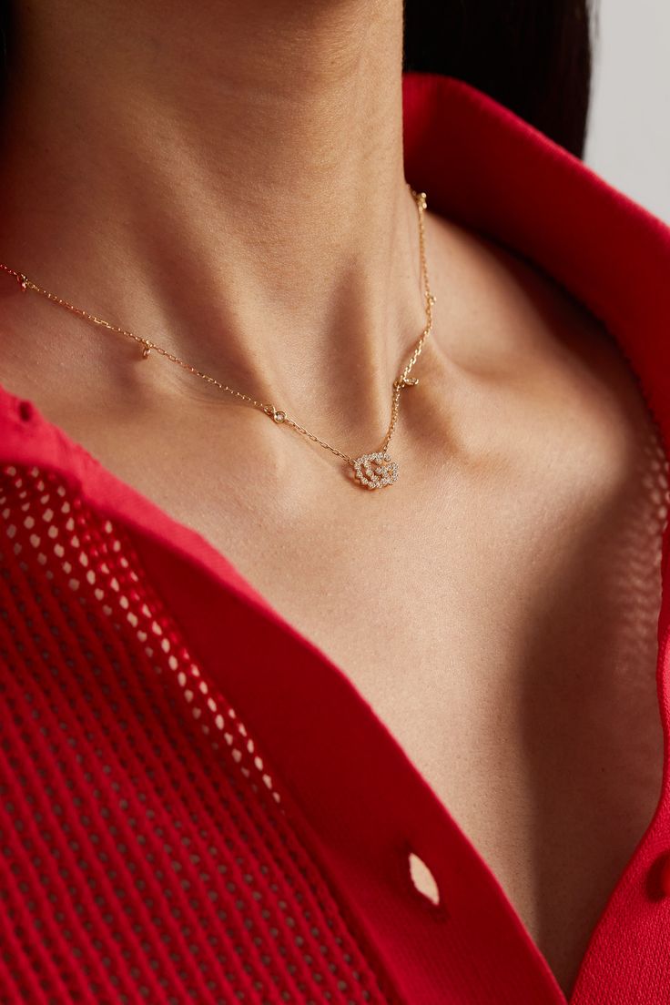 Gucci's 'GG' logo is one of the Italian house's most recognizable signatures, representing more than 95 years of rich history. A sophisticated yet effortless way to wear the motif every day, this delicate necklace is made from 18-karat gold and set with 0.22-carats of diamonds. It will make a thoughtful gift to fans of the label. Formal Gold Plated Clavicle Diamond Necklace, Formal Gold Plated Clavicle Chain Diamond Necklace, Gucci White Gold Jewelry For Anniversary, Luxury Gold-plated Diamond Necklace With Clavicle Chain, Luxury Gold Plated Clavicle Chain Diamond Necklace, Gucci Yellow Gold Jewelry For Formal Occasions, Gucci Diamond Jewelry For Anniversary, Gucci Classic Everyday Luxury Jewelry, Gucci Classic Jewelry For Everyday Luxury