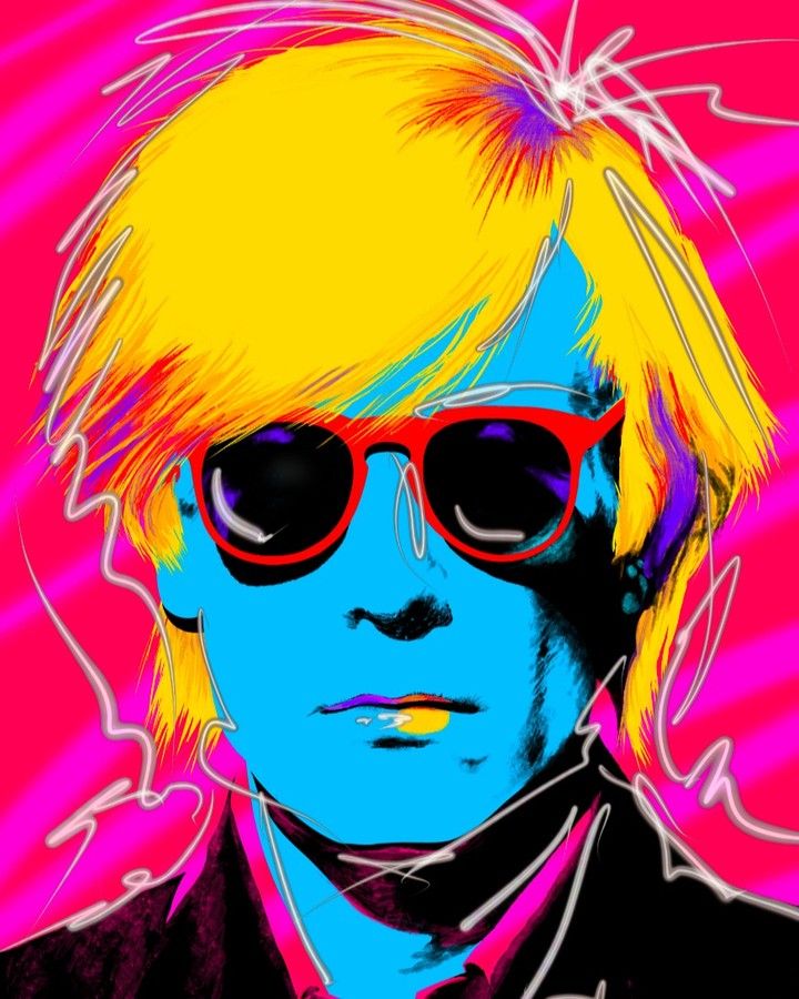 a man with sunglasses and a tie in front of a pink background that has neon colors