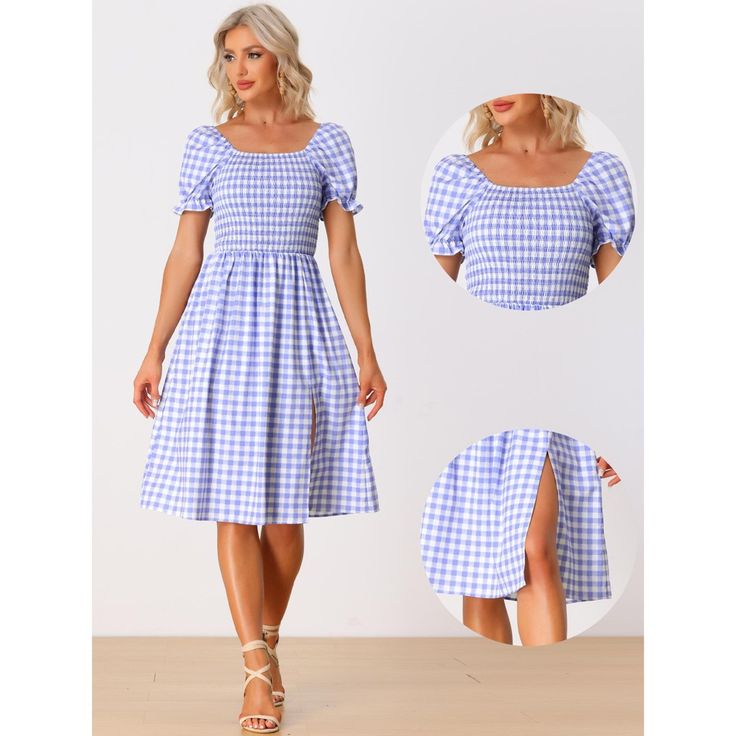 This Women's Smocked Dress combines the classic gingham plaid pattern with an on-trend square neckline, creating a stylish look that is perfect for casual outings or summer events. The smocked bodice of this dress provides a comfortable and stretchy fit, while the flowy skirt adds a flattering touch. It's designed to enhance your natural curves and provide all-day comfort. Fitted Gingham Smocked Dress With Short Sleeves, Summer Gingham Plaid Dress With Puff Sleeves, Gingham Plaid Square Neck Dress For Brunch, Gingham Plaid Dress With Square Neck For Brunch, Casual Fitted Smocked Plaid Dress, Plaid Fitted Smocked Dress Casual Style, Fitted Casual Plaid Smocked Dress, Casual Fitted Plaid Smocked Dress, Spring Gingham Smocked Dress With Short Sleeves