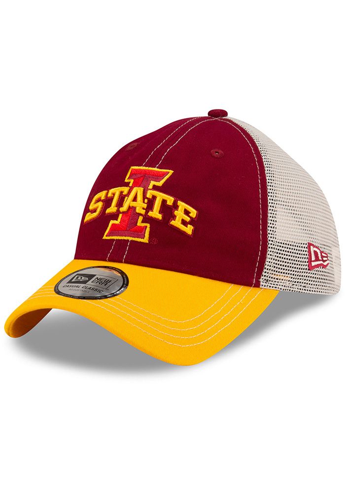 This Iowa State Cyclones Red Adjustable Hat features a front embroidered team logo on an unstructured crown with matching visor and contrast soft meshback. New Era Casual Classic Meshback, Front embroidered team logo, 6-panel design with eyelets, Soft contrast meshback, Adjustable Closure, Cotton & polyester blend material, Curved Bill, Low Crown, Unstructured, Imported Red Sporty Hats For Fan Merchandise, Sporty Red Hat For Fan Merchandise, Red Sporty Hat For Sports Fans, Red Sporty Fan Merchandise Hat, Red Trucker Hat With Embroidered Logo, Red Trucker Hat With Embroidered Logo Visor, Red Sports Team Baseball Cap, Red Trucker Hat With Curved Visor For Sports Events, Red Sports Fan Baseball Cap