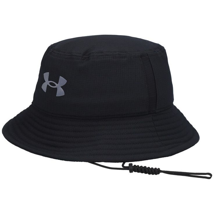 Upgrade your everyday headwear with the ultimate bucket hat from Under Armour. It helps you stay dry and cool by wicking away moisture, using Iso-Chill fabric to disperse body heat and providing exceptional breathability through ArmourVent technology. Plus, the extended brim will deliver more shade, while the adjustable chin strap allows you to create the most comfortable fit. Lightweight Sports Sun Hat, Lightweight Solid Color Sun Hat For Sports, Casual Black Waterproof Sun Hat, Sports Hats With Short Brim, Casual Solid Breathable Bucket Hat, Casual Breathable Bucket Hat, Black Lightweight Bucket Hat For Outdoors, Black Bucket Sun Hat For Outdoor, Black Breathable Bucket Hat For Outdoor Activities