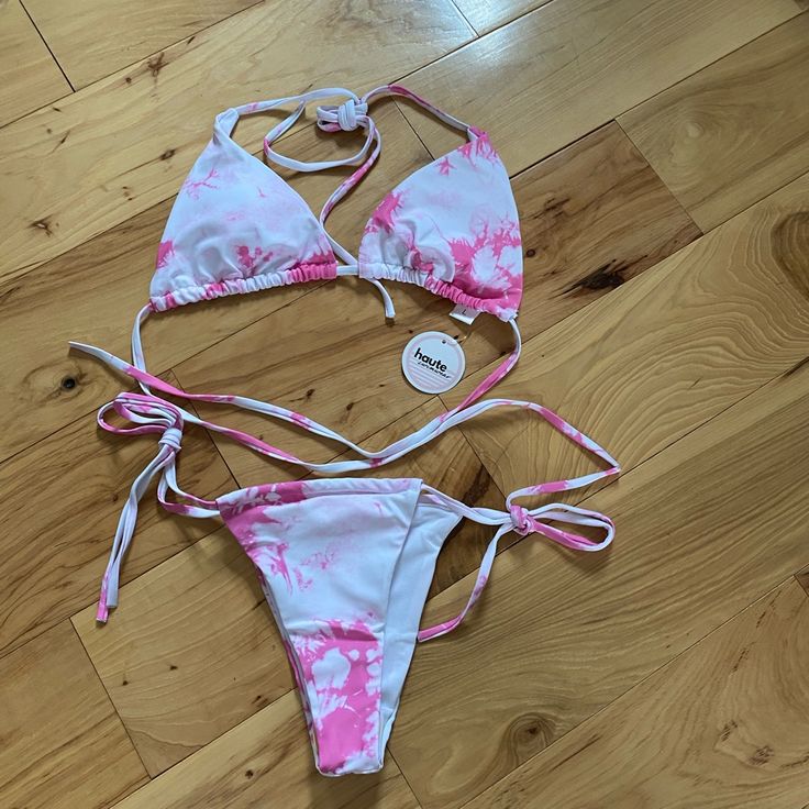 Haute Swimwear Imani Bikini Set, M/L. Top Is L, Bottoms M. Fits Smaller. Did Not Fit Me And Cant Return Tie Swimsuit, Cheeky Bikinis, Swimsuit Tops, Pink White, Pink, White, Color