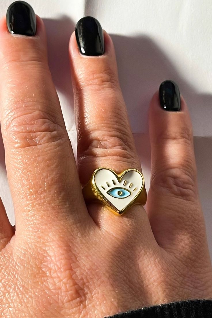 Chunky Ring Heart Shape With Evil Eye, Love Ring, Woman Ring, Chunky Gold Ring, Thick Heart Ring, Adjust Ring, Stack Ring, Gift For Her Heart-shaped Metal Ring Jewelry For Valentine's Day, Heart-shaped Metal Ring For Valentine's Day, Heart-shaped Metal Ring Jewelry For Gifts, White Heart Ring For Gift, Unique Heart Ring For Valentine's Day, Unique Handmade Heart Ring For Valentine's Day, White Rings With Heart Charm For Valentine's Day, White Heart Charm Ring For Valentine's Day, White Ring With Heart Charm For Valentine's Day