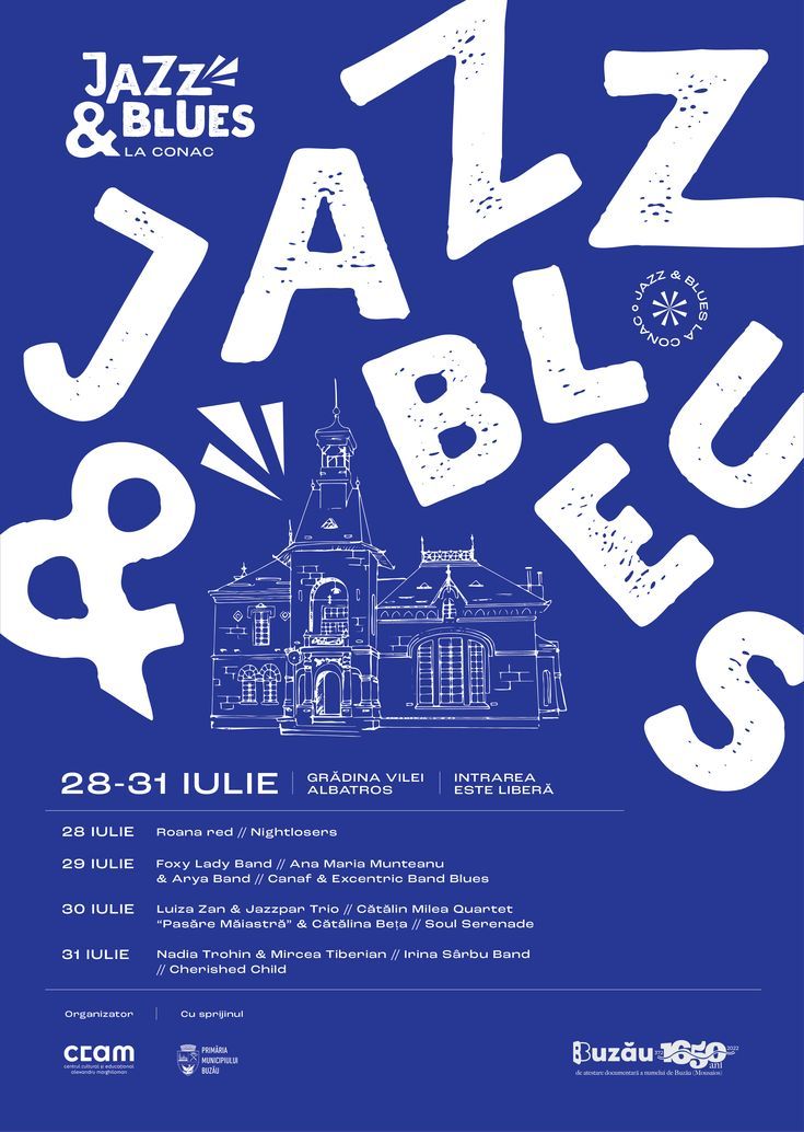 a poster for the jazz and blues festival in france, with an image of a building