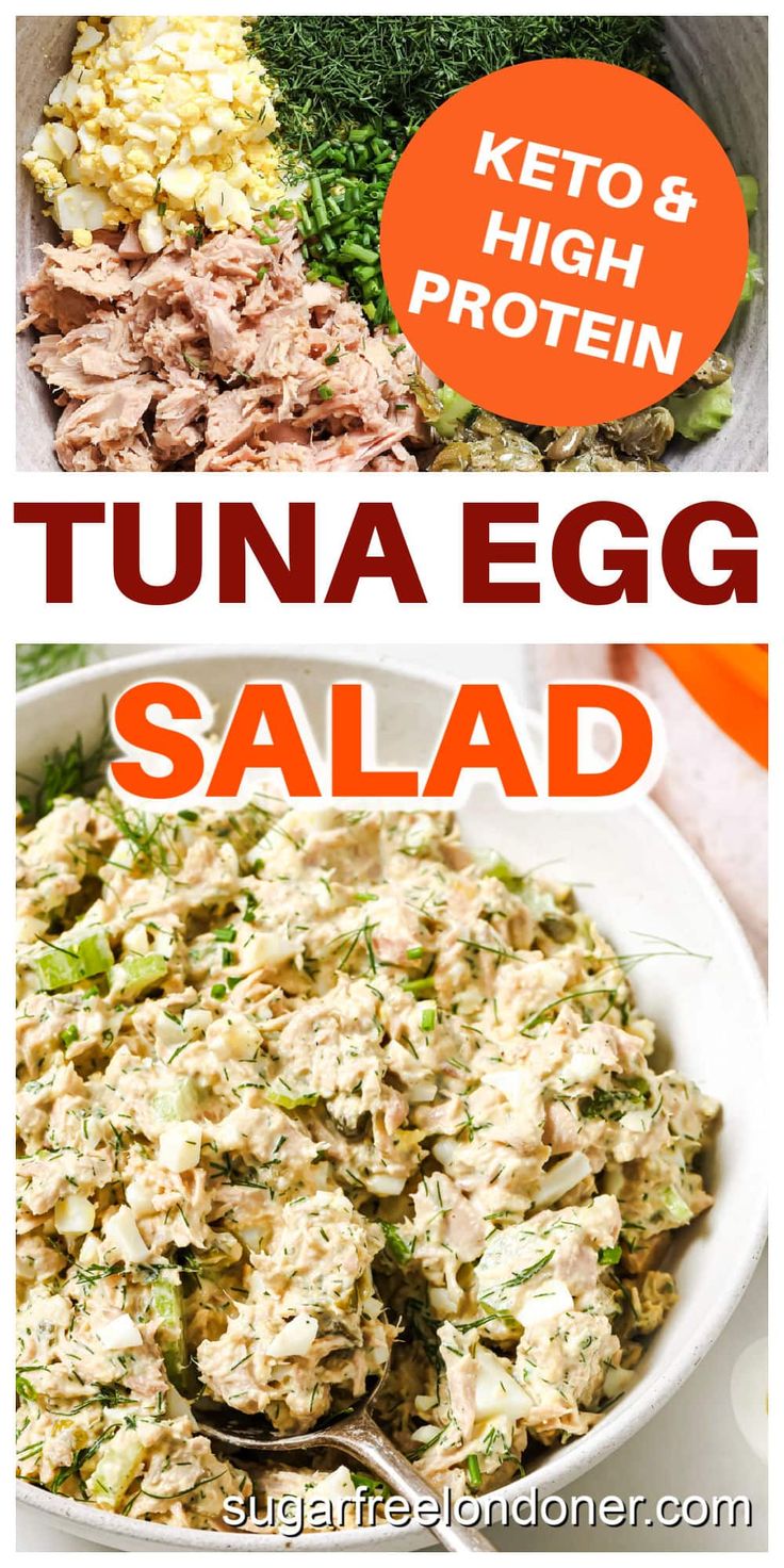 tuna egg salad in a white bowl with broccoli and carrots on the side